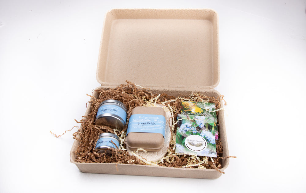 Gift Set, Medium - Memory Box for Family + Friends.  Handmade. Soap, large candle, small candle - all in Forget-Me-Not scent. Soap dish. Flower seed packets - Wildflower + Forget-Me-Not.  Included is our handmade seed embedded card for a handwritten note.