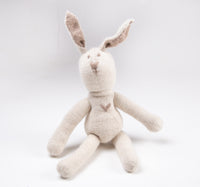 Refuge Brands Handmade Angora + Merino Organic  Wool Heirloom Bunny with Gray Features including ears, eyes, nose, mouth, heart + tail 