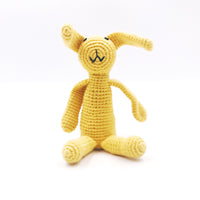 Load image into Gallery viewer, My First Bunny. Handmade with 100% organic cotton + 100% polyester fill. This toy has a rattle. Ages 0+ older child. Approximately 22 cm length + 7.5 cm width. Made in Bangladesh for Refuge Brands.. Yellow
