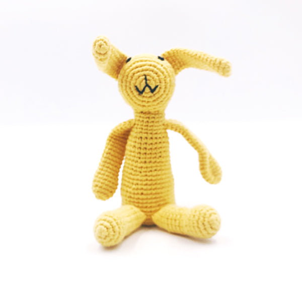 My First Bunny. Handmade with 100% organic cotton + 100% polyester fill. This toy has a rattle. Ages 0+ older child. Approximately 22 cm length + 7.5 cm width. Made in Bangladesh for Refuge Brands.. Yellow