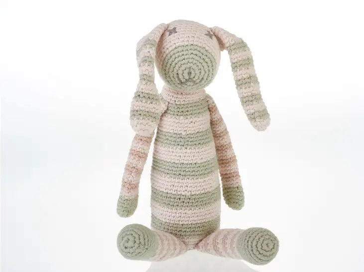 Our floppy-eared, teal striped bunny has to be the cutest rattle in town! Featuring teal + natural stripes of our organic cotton he’s fun, friendly and fully machine-washable. Hand-knitted