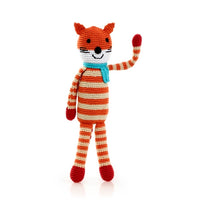 Load image into Gallery viewer, Handmade Mr. Fox  is the perfect companion for any child.  This cotton knit toy has a rattle.
