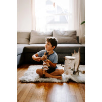 Load image into Gallery viewer, Brown and white Mr. Moose with its blue and green scarf tied around his neck is ready for play. 100% organic cotton toy. This toy has a rattle.
