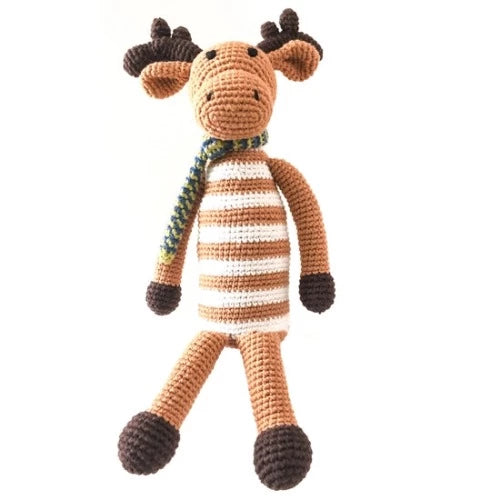 Brown and white Mr. Moose with its blue and green scarf tied around his neck is ready for play. 100% organic cotton toy. This toy has a rattle.